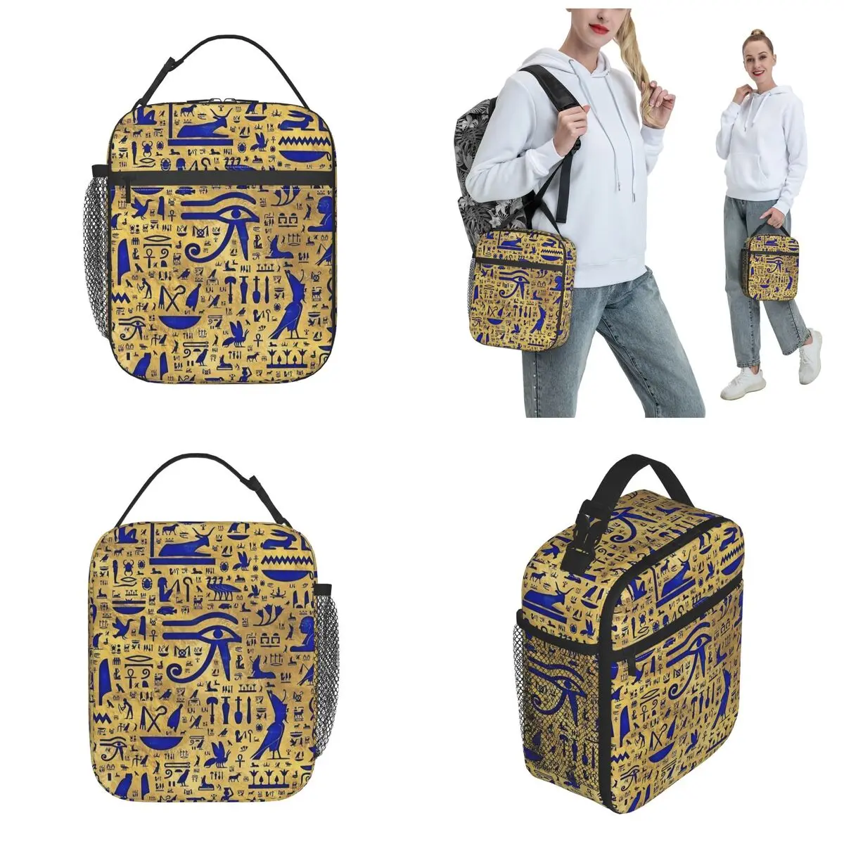 Egyptian Hieroglyphic Lapis Lazuli And Gold Insulated Lunch Bag Meal Container Cooler Bag Tote Lunch Box Office Bento Pouch