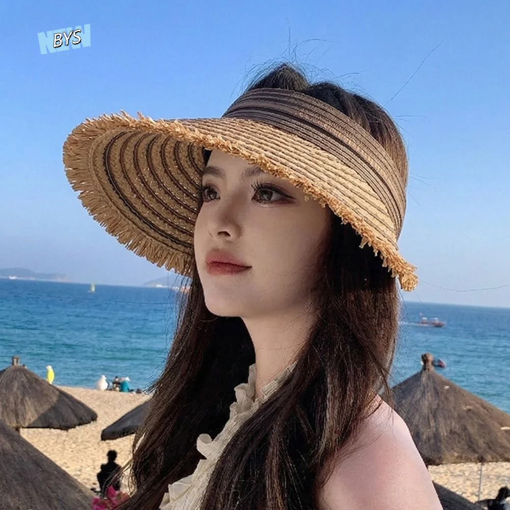 

Top Air Cap Portable Empty Top Straw Hat Solid Color Breathable Wide Brim Woven Versatile Lightweight Beach Hat Sport