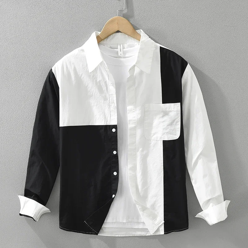 2024 Autumn long Sleeve Patchwork Shirts cotton casual  men's   Collar Safari Style It goes with everything  White  Black