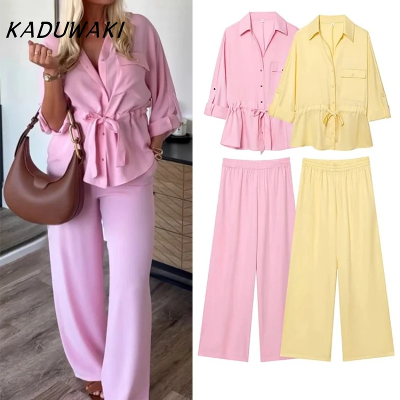 

KADUWAKI Chic Turn-down Collar Pocket Single-Breasted Draw Rope Decorate Casual Shirt Tops Elastic Waist Loose Long Pants 2pcs