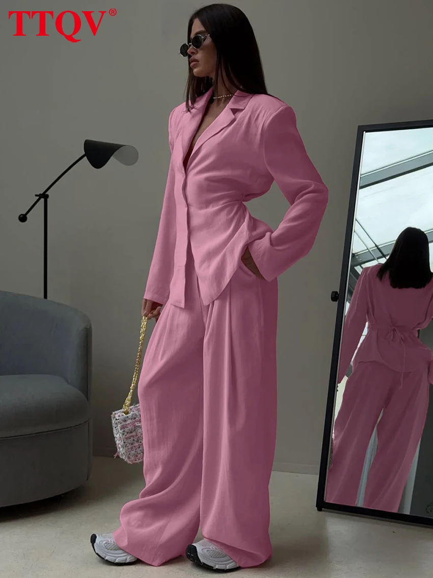 TTQV Fashion Loose Pink 2 Pieces Set For Woman 2027 Elegant Long Sleeve Blouse With High Waist Wide Pant Set Female Clothing