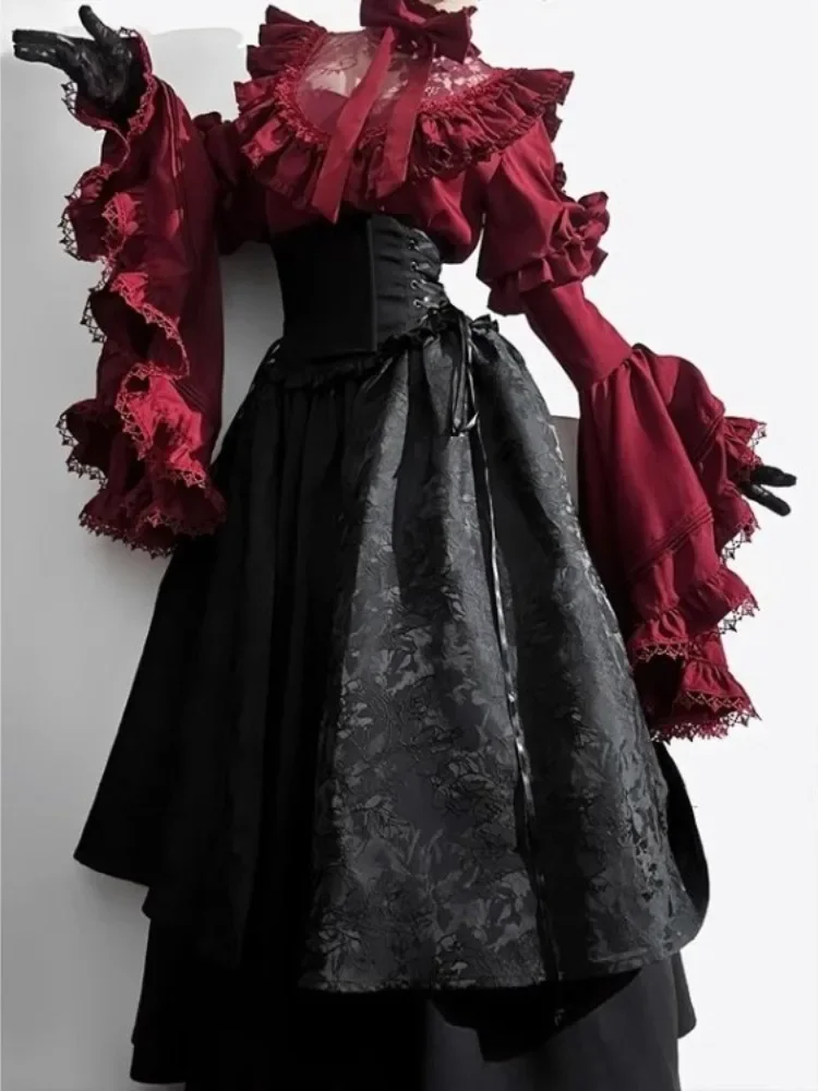 

Vintage Lace Patchwork Long Sleeve Lolita Shirts Women+ High Waist Mid-length Loose Skirts Spring Autumn New Two Piece Sets