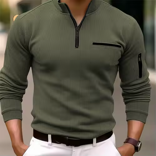 New light luxury light mature casual men sports retro  style striped zipper  arm  fashion men  outdoor  long  sleeve POLO shirt - Image 9