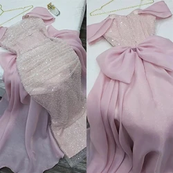 Customized Saudi Arabia  Evening Jersey Bow Pleat Sequined Party A-line Off-the-shoulder Bespoke Occasion Gown Midi Dresses