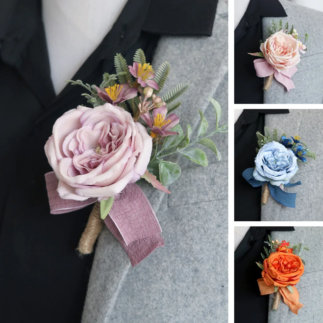 Boutonniere And Wrist Corsage European and American Forest Wedding Bride Opening Celebration Guests Simulated Rose Bracelet