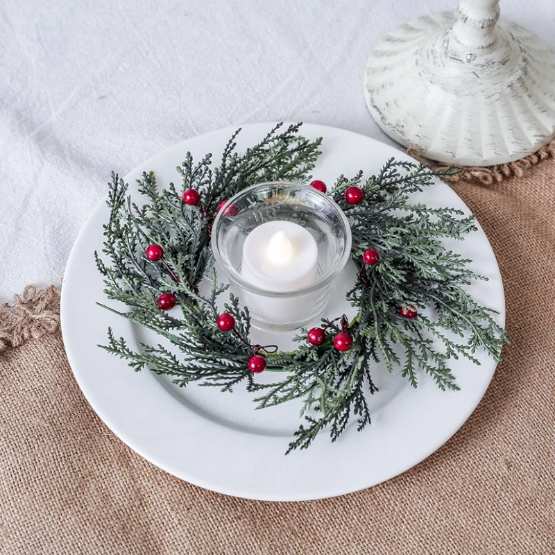 Christmas Wreath Shape Candlestick with Berry Pinecone Candle Holder Garland Flower Rings Wedding Party Door Home Table Decor