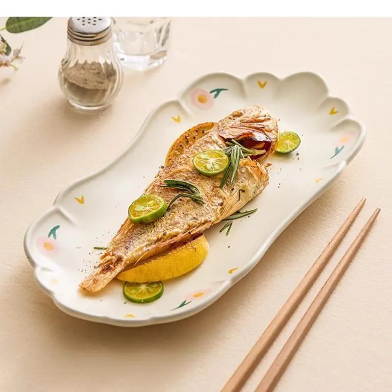 Peony Pattern Ceramic Fish Plate Restaurant Dessert Sushi Sashimi Plates Molecular Cuisine Specialty Tableware