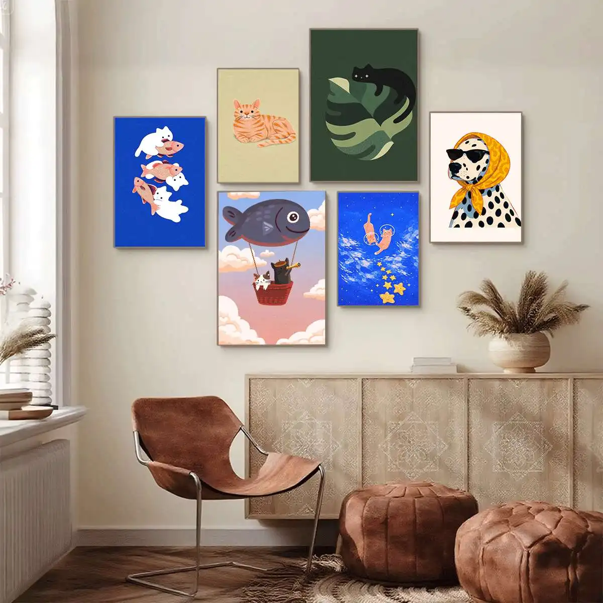 Watercolor Kittens Print Cat and Plant Poster Wall Art Leisurely Cute Kitty Canvas Painting Living Room Bedroom Home Decor