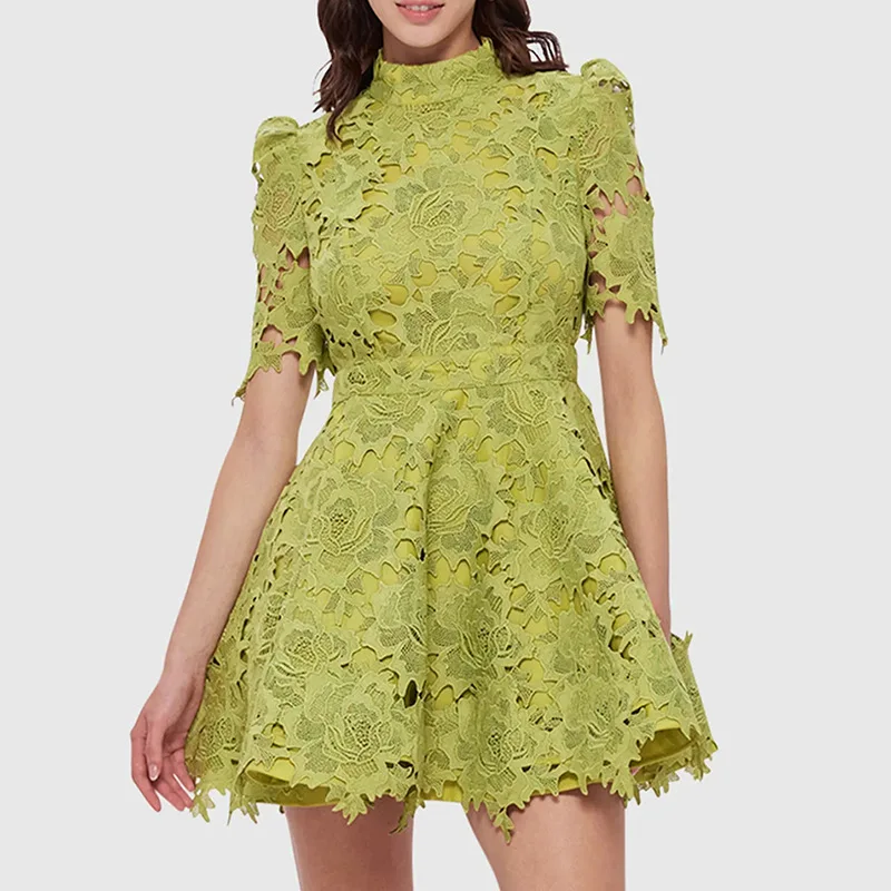 

green lace vintage women dress elegant with belt short sleeve holiday party dresses bodycon hollow out streetwear clothing