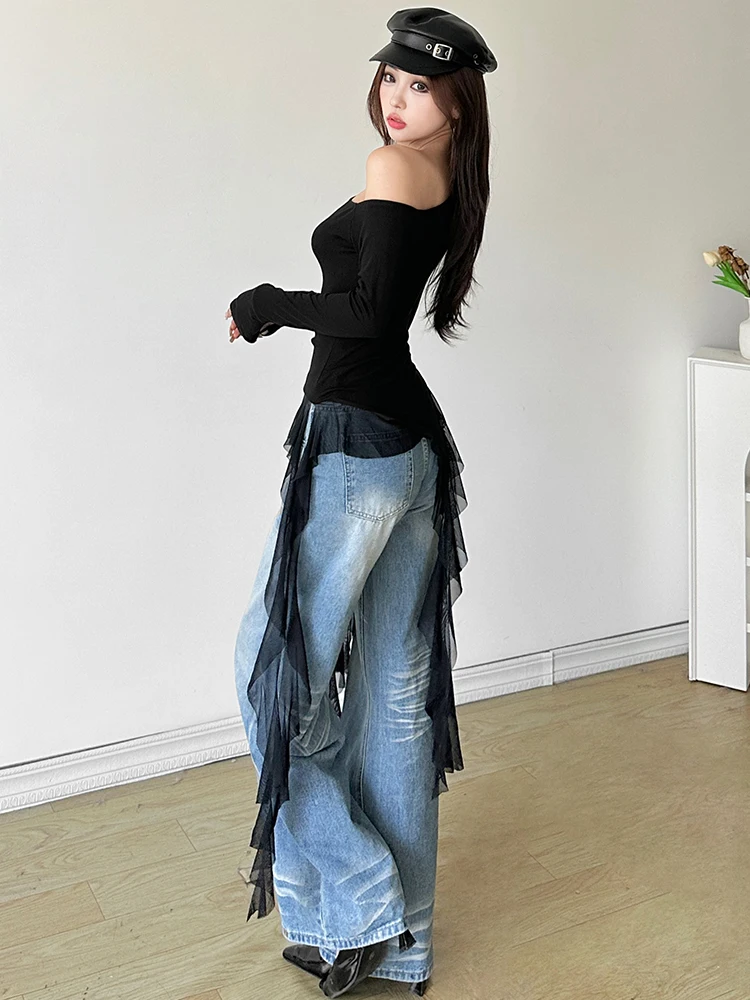 

Slim Fit Long Sve T-irt Women's Sle: Spicy Girl Wind with Lace Trim Sa Waist-Cinching Top Polyester Fabric Regular S...