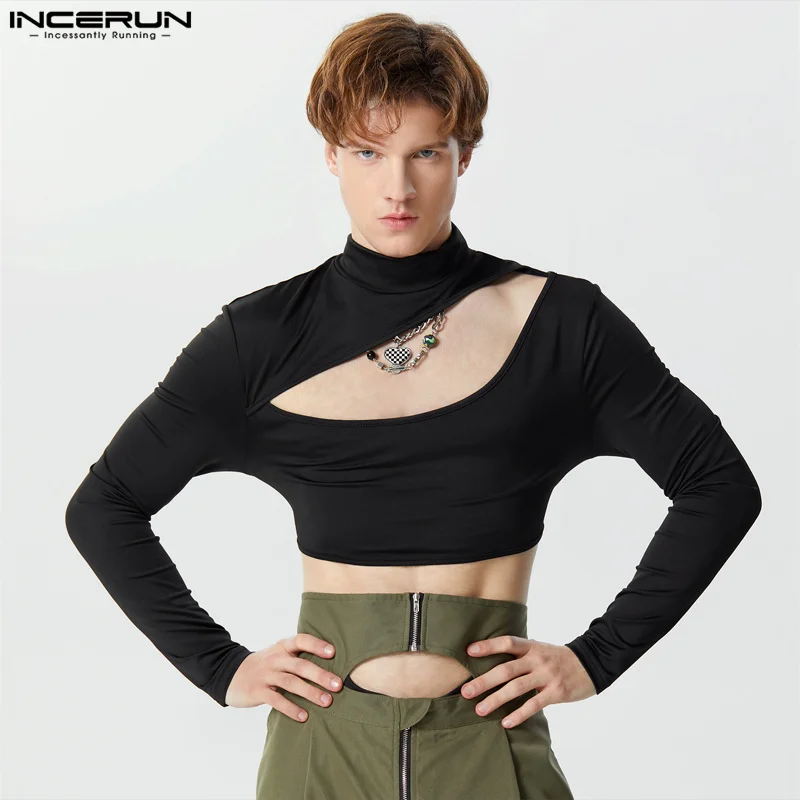 2024 Men Bodysuits Solid Color Hollow Out Turtleneck Long Sleeve Rompers Men Streetwear Sexy Fashion Male Bodysuit S-3XL INCERUN