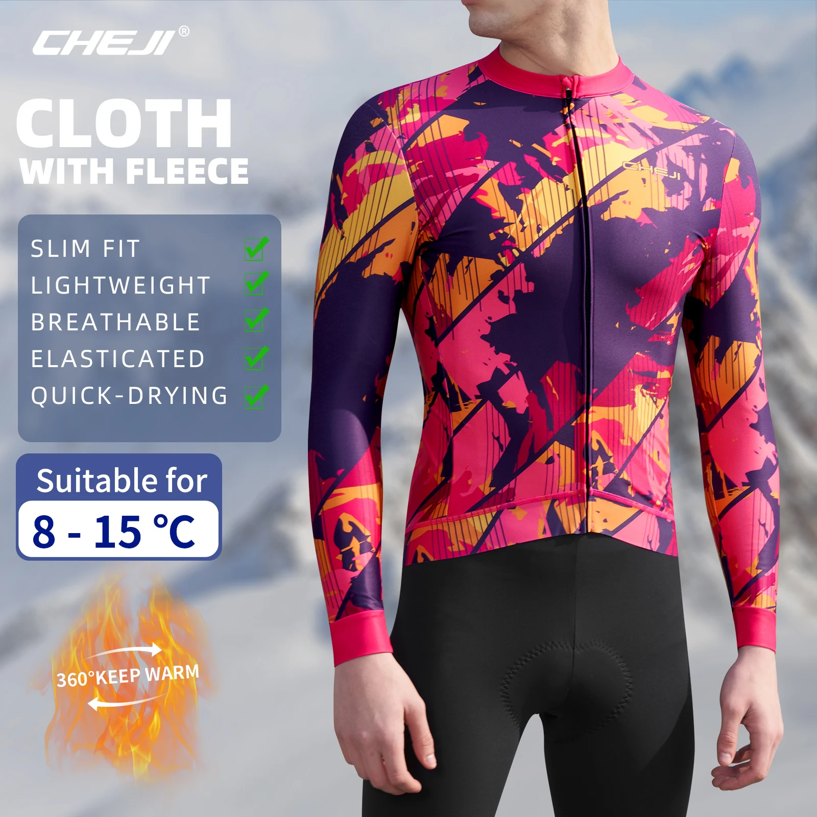 CHEJI Winter Cycling Jerseys Long Sleeves Full-zips Fleece-Lined Clothing Riding Bike Sports for Men Breathable Slim Equipment