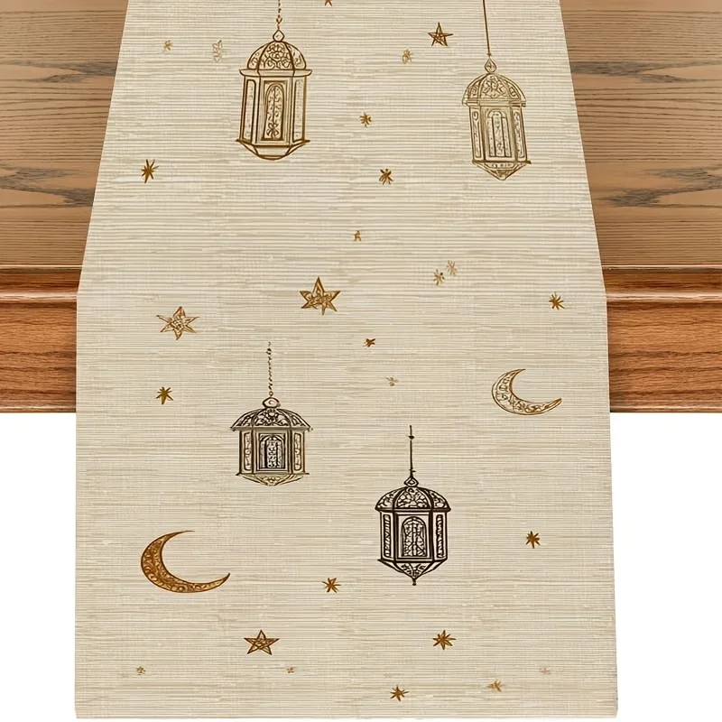 1PC Ramadan  Table Runner  - Flat Print Light Beige Stripe, 6 Gold Black Arabic Lanterns with Gold Star Moon Symmetric Pattern
