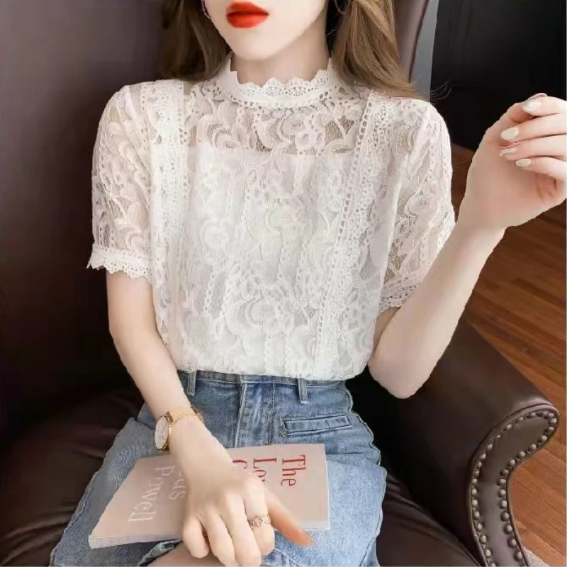 Lace Blouses Women Elegant Design Daily All-match Stylish Stand Collar Summer Breathable Korean Style Female Simple Pure Basic