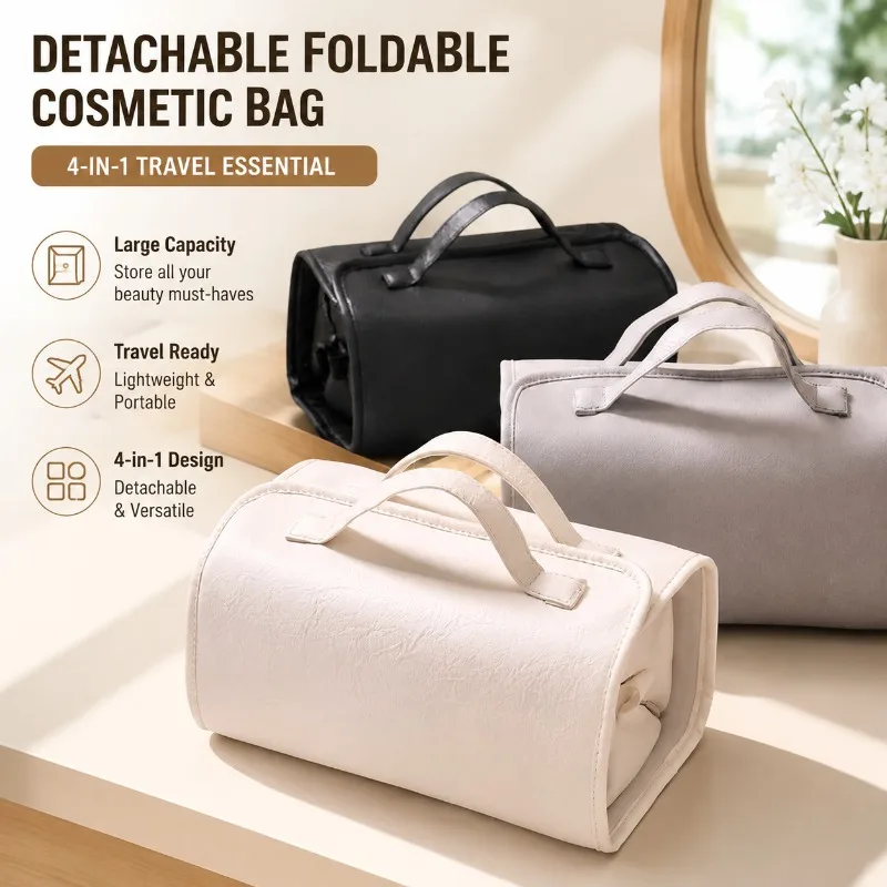 New Detachable Folding Cosmetic Bag Large‑capacity Storage Pouch Ladies Hand‑held Travel‑outdoor Portable Four‑in‑one Multi