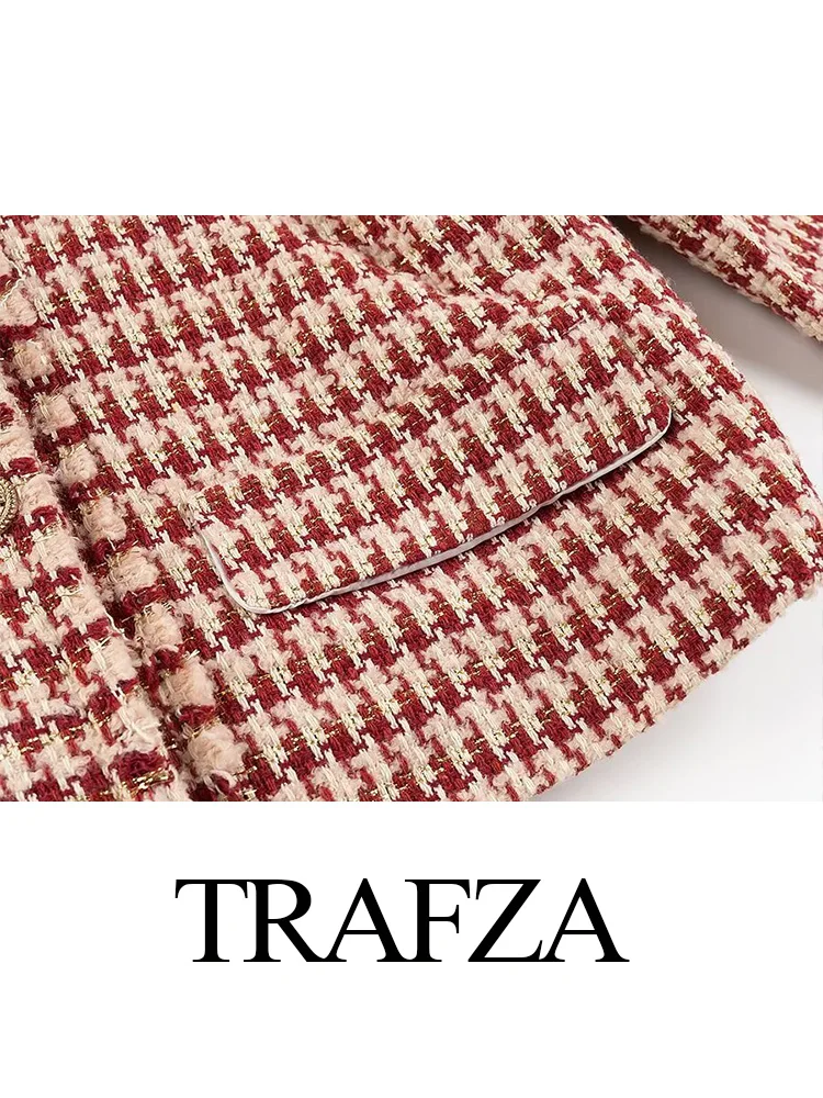 Trafza-女性用千鳥格子ミニスカートスーツ、長袖、Oネック、シングルブレストコート、ハイウエスト、aライン、バックジッパー、秋