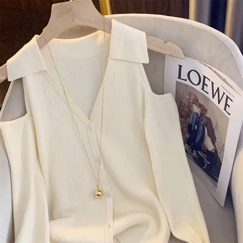 Women Clothes Spring Autumn Fashion Simplicity Trend Button V-neck Knitting Ladies All-match Appear Thin Off Shoulder Long Sleev