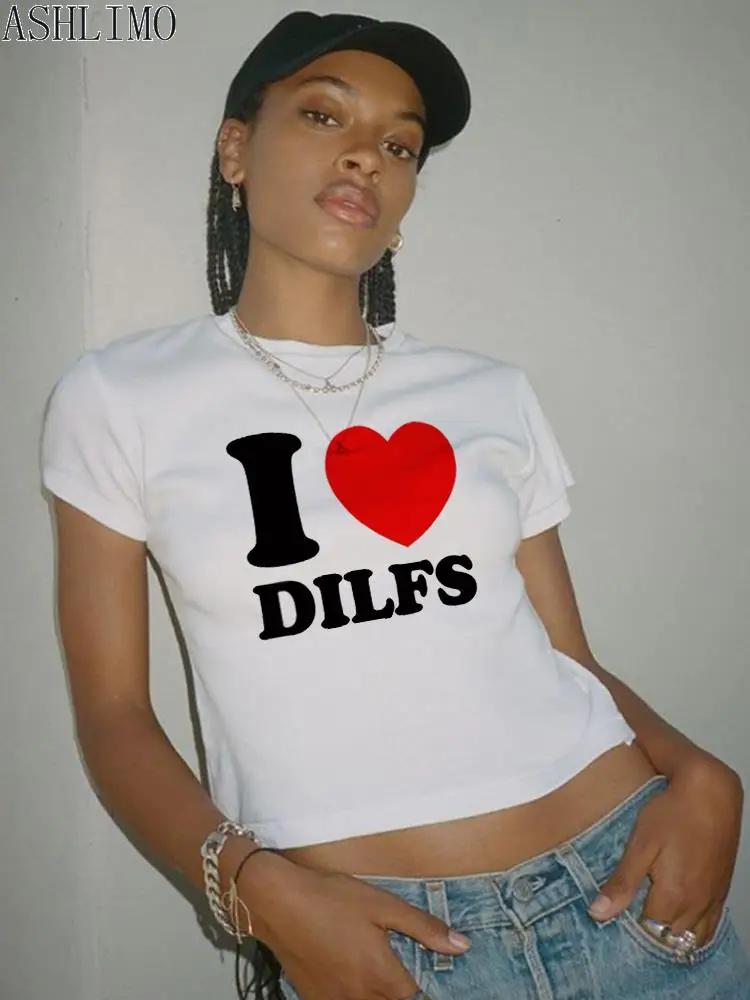 2000s Harajuku I Love Dilfs Women T-shirt Summer Clothing women  Crop Tops Slim Goth Short Sleeve letter T-shirts Y2K Fashion