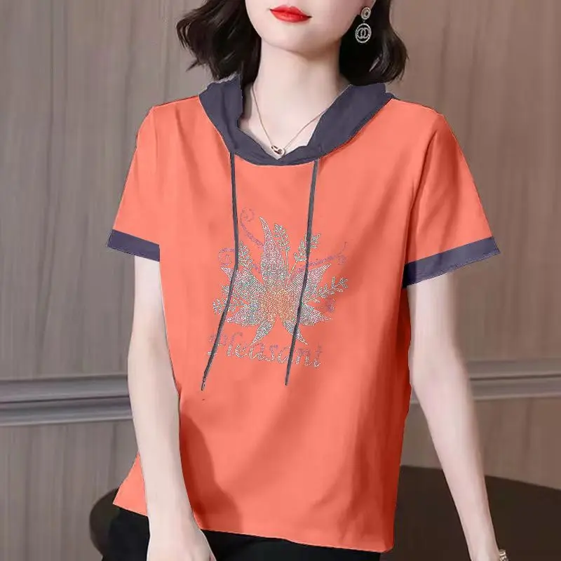 Fashion Spliced Short Sleeve Printed Hooded T-Shirt Women's Clothing 2024 Summer New Loose All-match Tops Commuter Tee Shirt