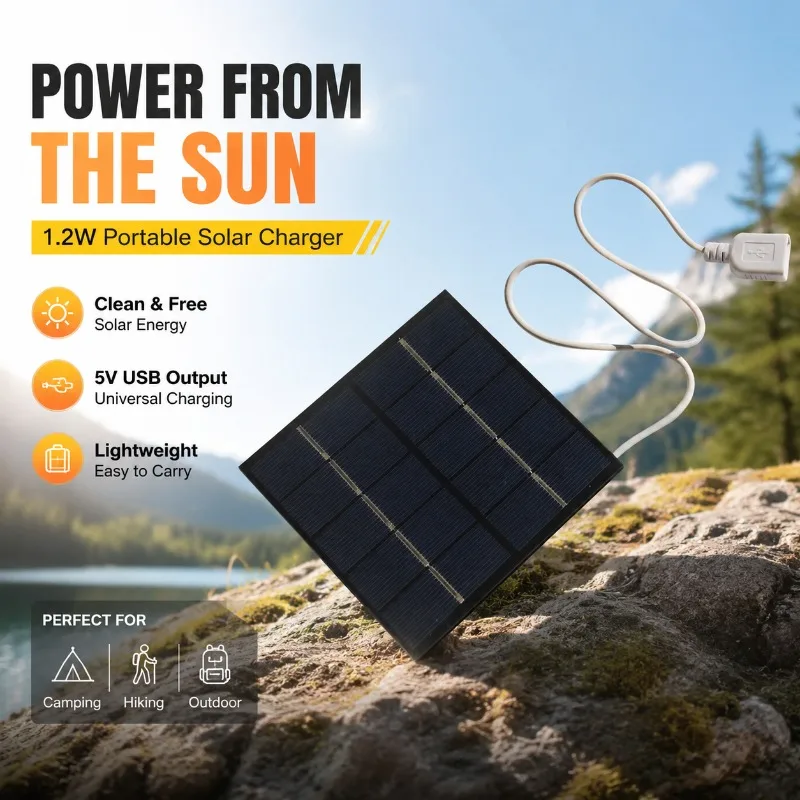 1.2W 5V Portable Outdoor Solar Charging Panel Photovoltaic Power Charger for Phones Power Banks Supports 3.7V Lithium Battery