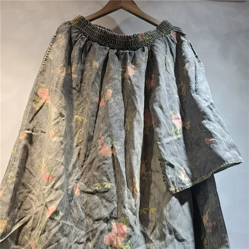 WTHT Vintage Fashion Women Suits Print Design Spliced Denim Short Sleeves Tops Loose Harem Jeans Set Female 2025 Summer 1LS1756