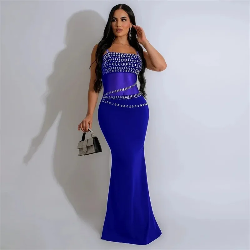 Elegant Rhinestone Party Evening Dresses Women Nightclub Celebrity Spaghetti Strap Sheer Mesh Patchwork Prom Mermaid Maxi Dress