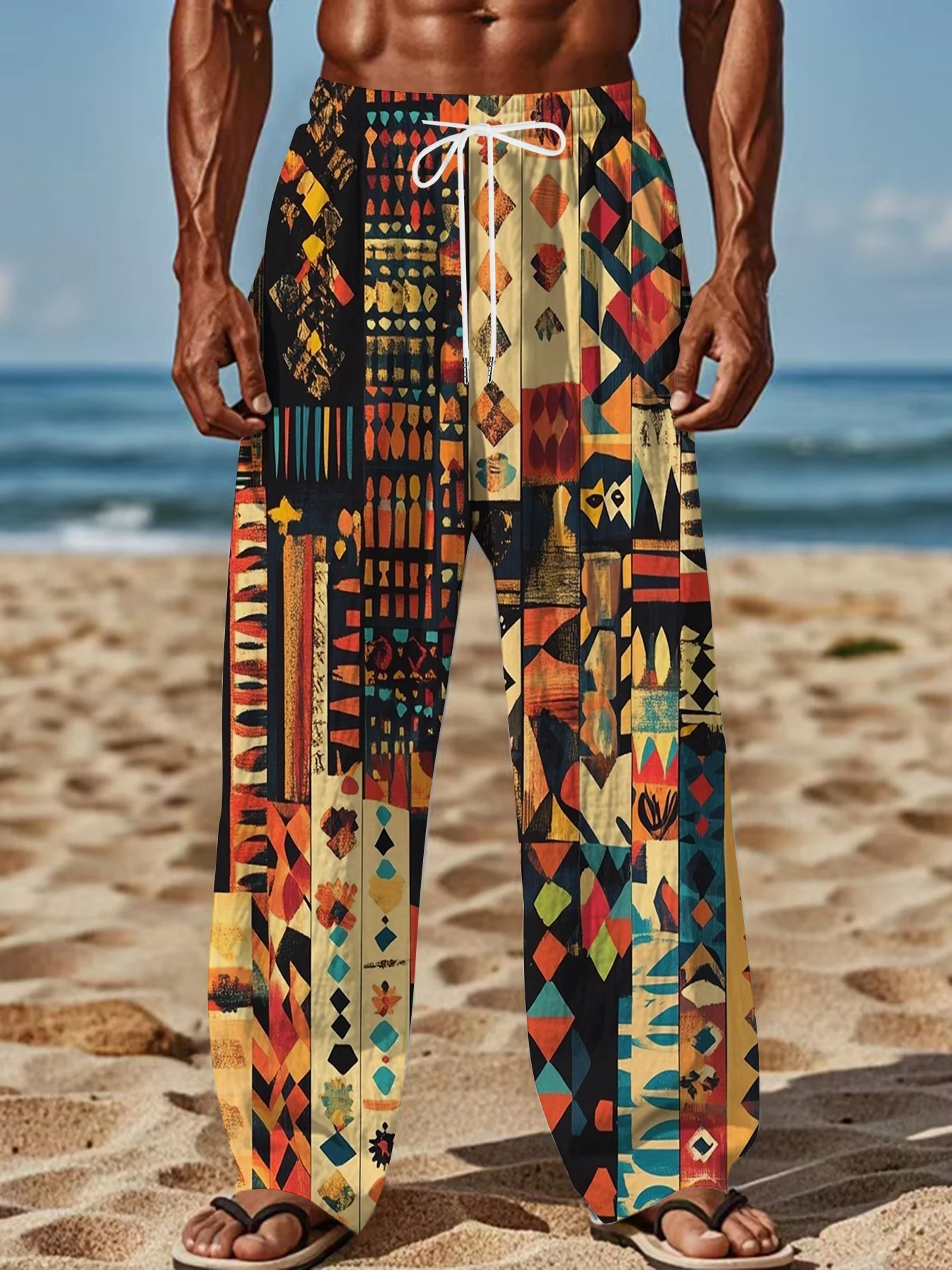 Men's summer athletic pants, New Hawaiian style, 3D print, breathable straight leg casual beach pants/pajamas