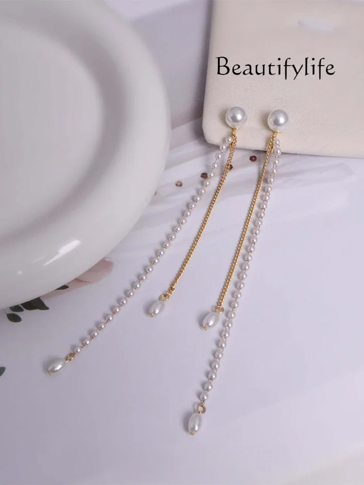 Super long pearl ear clips without ear piercings women's new square face autumn and winter fringed earrings retro temperament