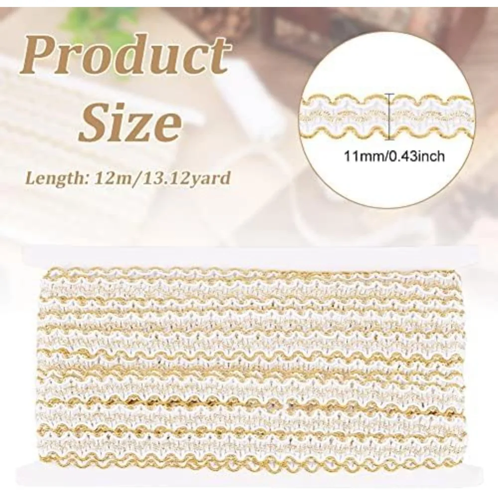 13 Yards Gimp Braid Trim Gold Edge Woven 1/2 inch White Metallic S Wave Sewing Polyester Handcraft for Curtain Slipcover DIY