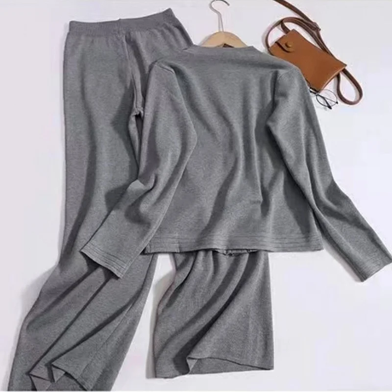 2024 New knit suit women\'s crew-neck single-breasted long-sleeved sweater pocket wide-leg pants fashion casual two-piece set