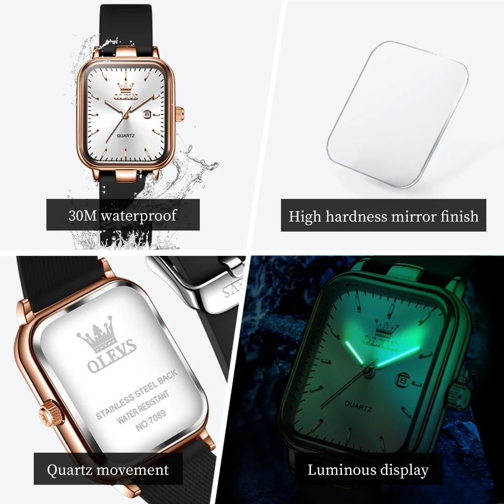 OLEVS 7089 Watch Woman Square Quartz Wristwatch Rubber Strap Waterproof Date Watches For Woman Original Elegant Set Gift Box