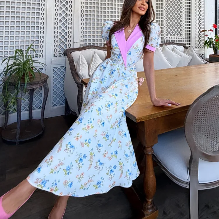 

Floral Midi Dress Women Pink Lapel Collar Puff Sleeve Vintage A Line Dress Elegant Cottagecore Summer Casual Party Vestidos