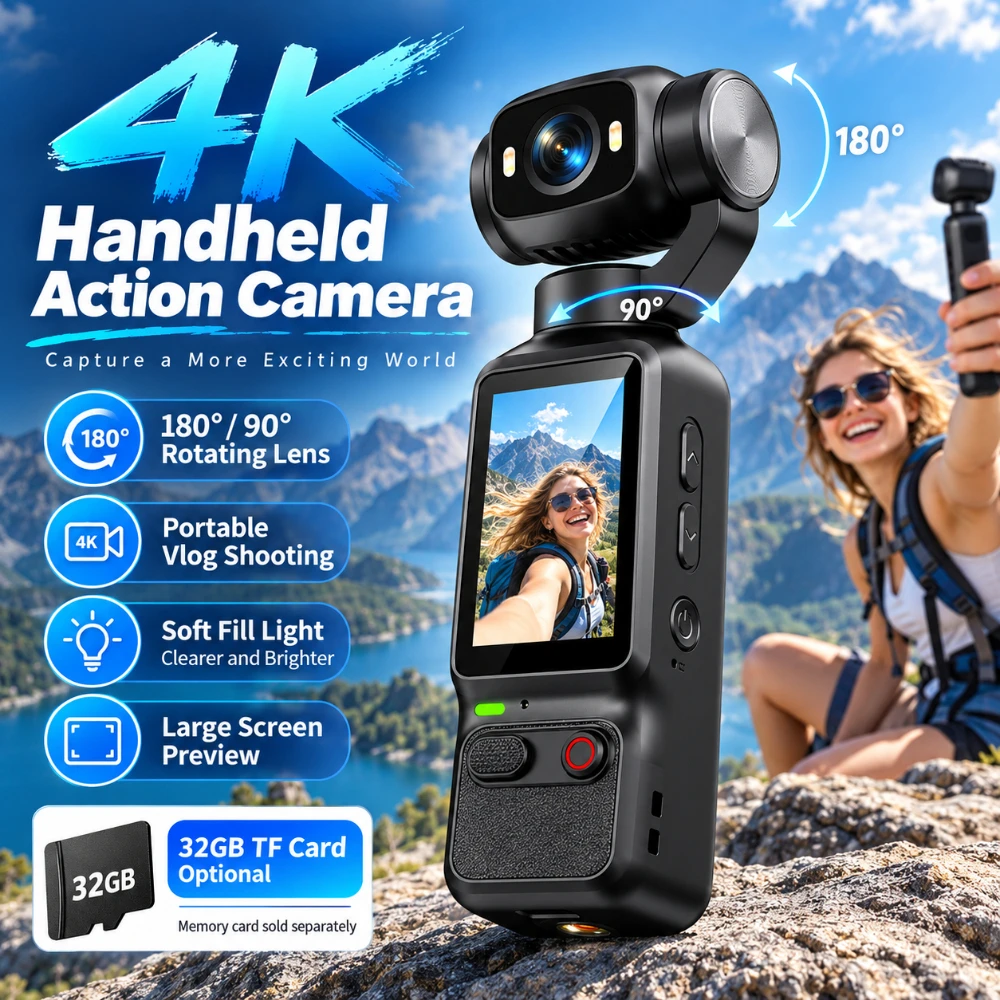 Kompaktowa kamera sportowa 4K 180 ° Ręczna kamera do vlogowania z obrotową soczewką, funkcją śledzenia obiektów za pomocą sztucznej inteligencji i wbudowanym oświetleniem, idealna do filmowania