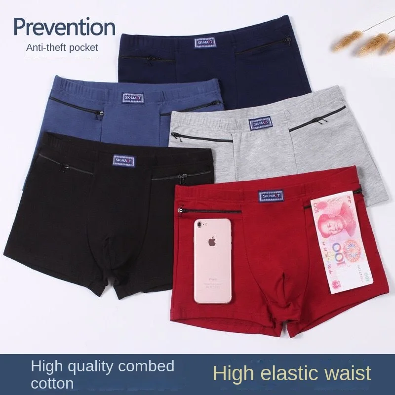 

Men's Anti-theft Panties Plus Size Middle-aged and Elderly Men's Pants Breathable Boxers Cotton Large Double Zipper with Pocket