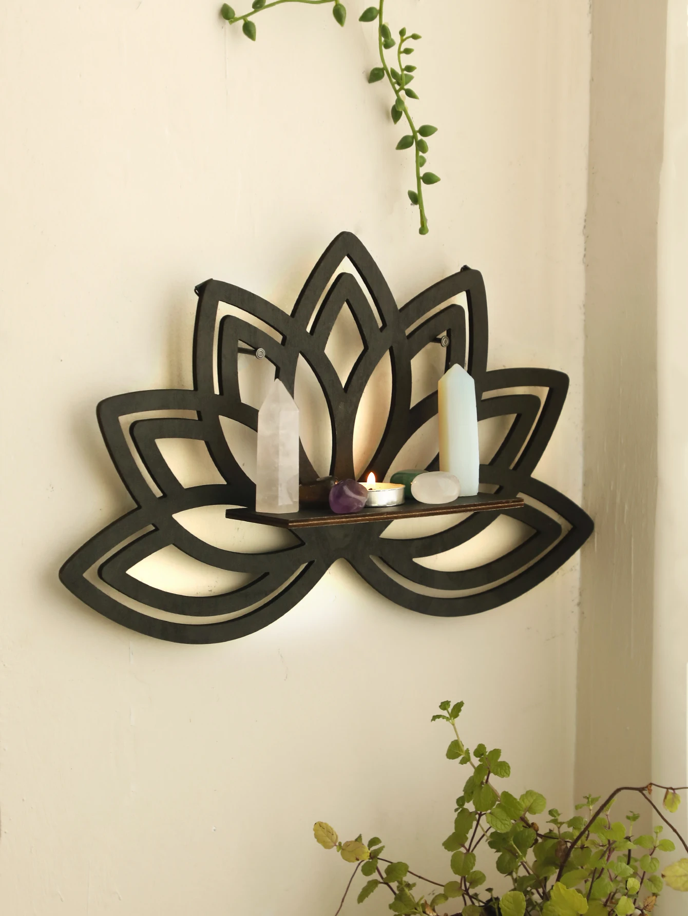 Lotus Candles Crystal Shelf Display Wood Decor Floating Wall Shelf Aesthetic Room Decoration Modern Home Decoration Wall Decor