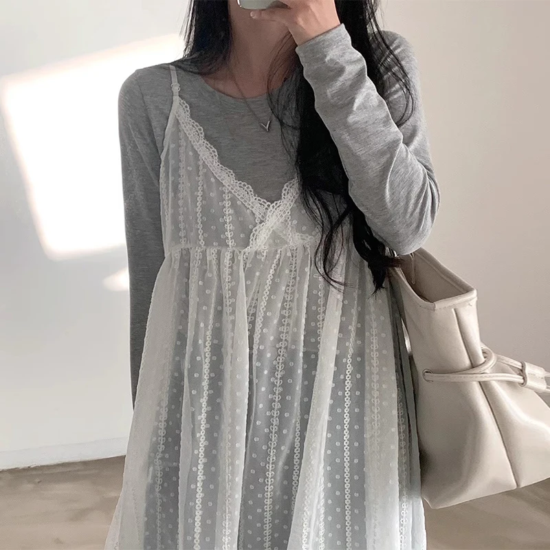 E Vestido Largo de Primavera con Cuello en V, Bordado con Encaje, Estilo Coreano, Manga Larga, Hoado, para Mujeres J...