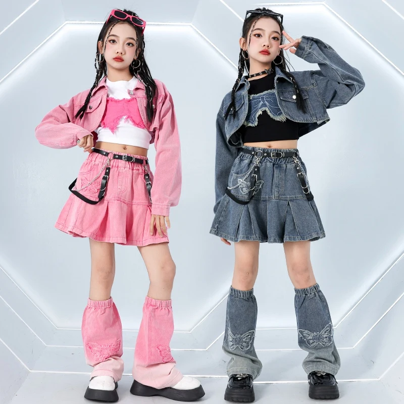 Girls Jazz Dance Costume Fashion Denim Pink Suit Cheerleading Hip Hop Performance Suit Kids Catwalk Wear Festival Outfit BL14133