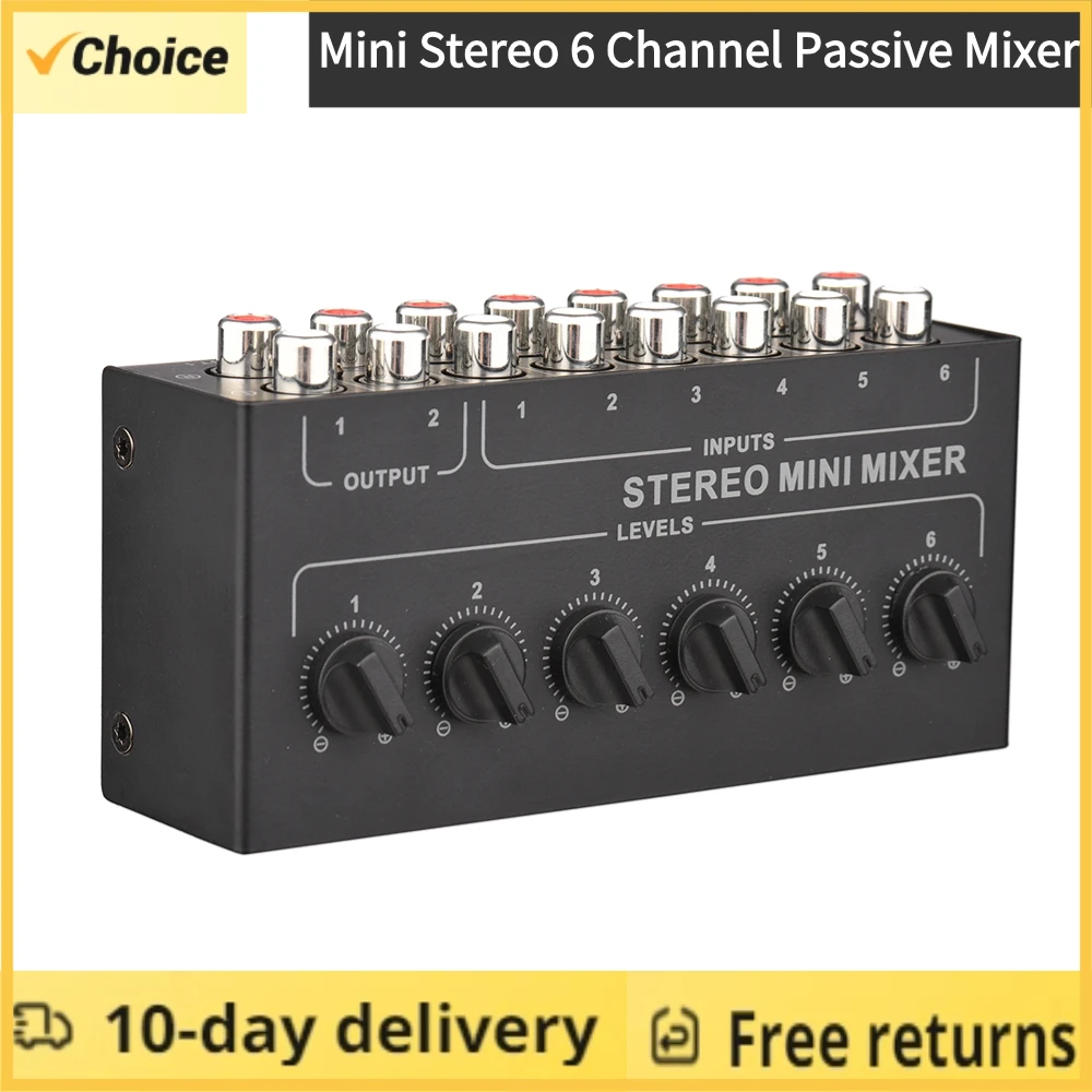 Mini Stereo 6 Channel Passive Mixer RCA Portable Audio Mixer 6 In 2 Out Stereo Distributor Volume Control No Battery Required