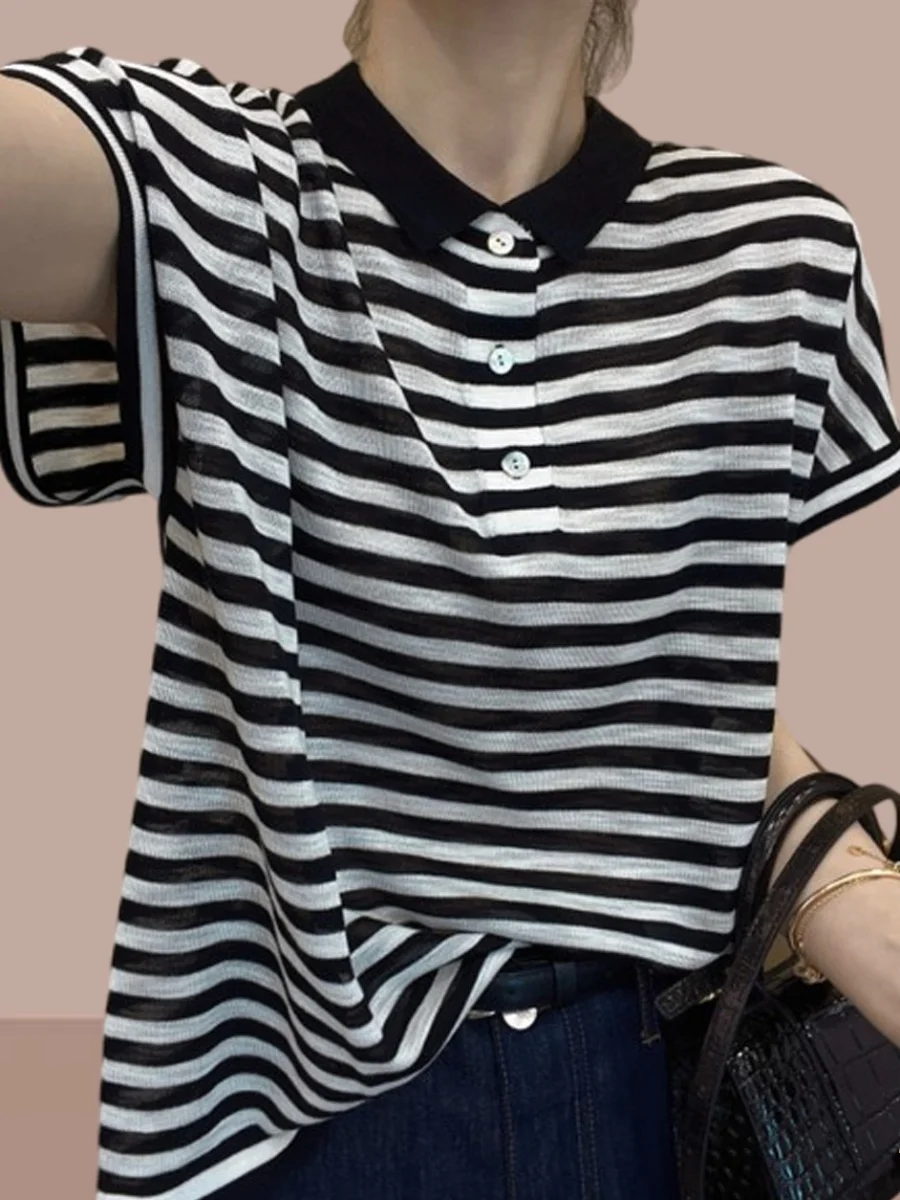 Été nouveau femmes pur coton Ne T-shirt coupe ample mince ort Sve haut rayé Faionable polyvalent coréen Sle