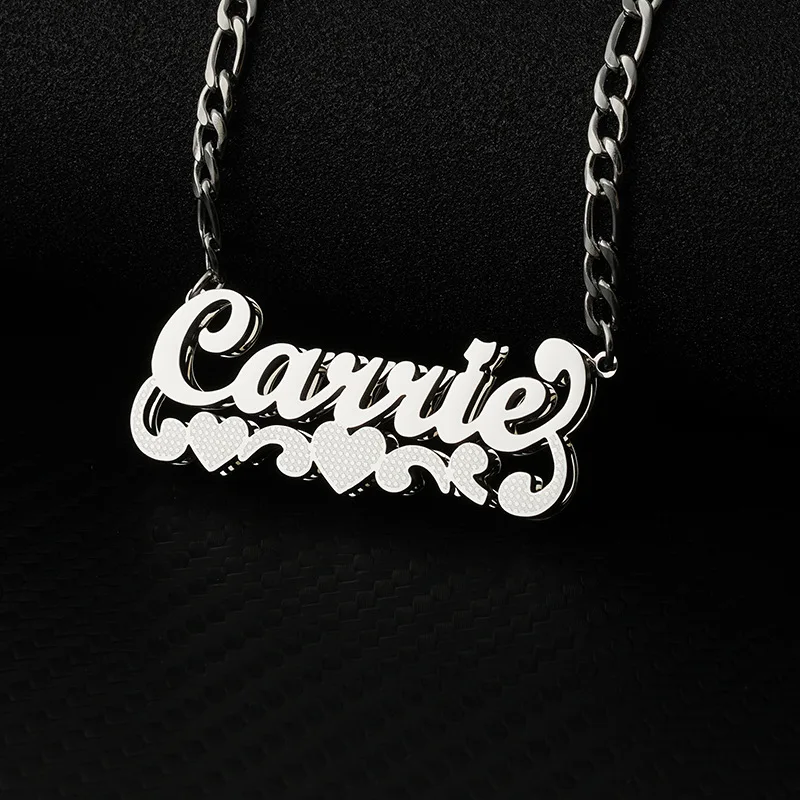 Lateefah Customized Stainless Steel 18K PVD Plated Double Corroded Heart Wave 3D Nameplate Color Matching Necklace