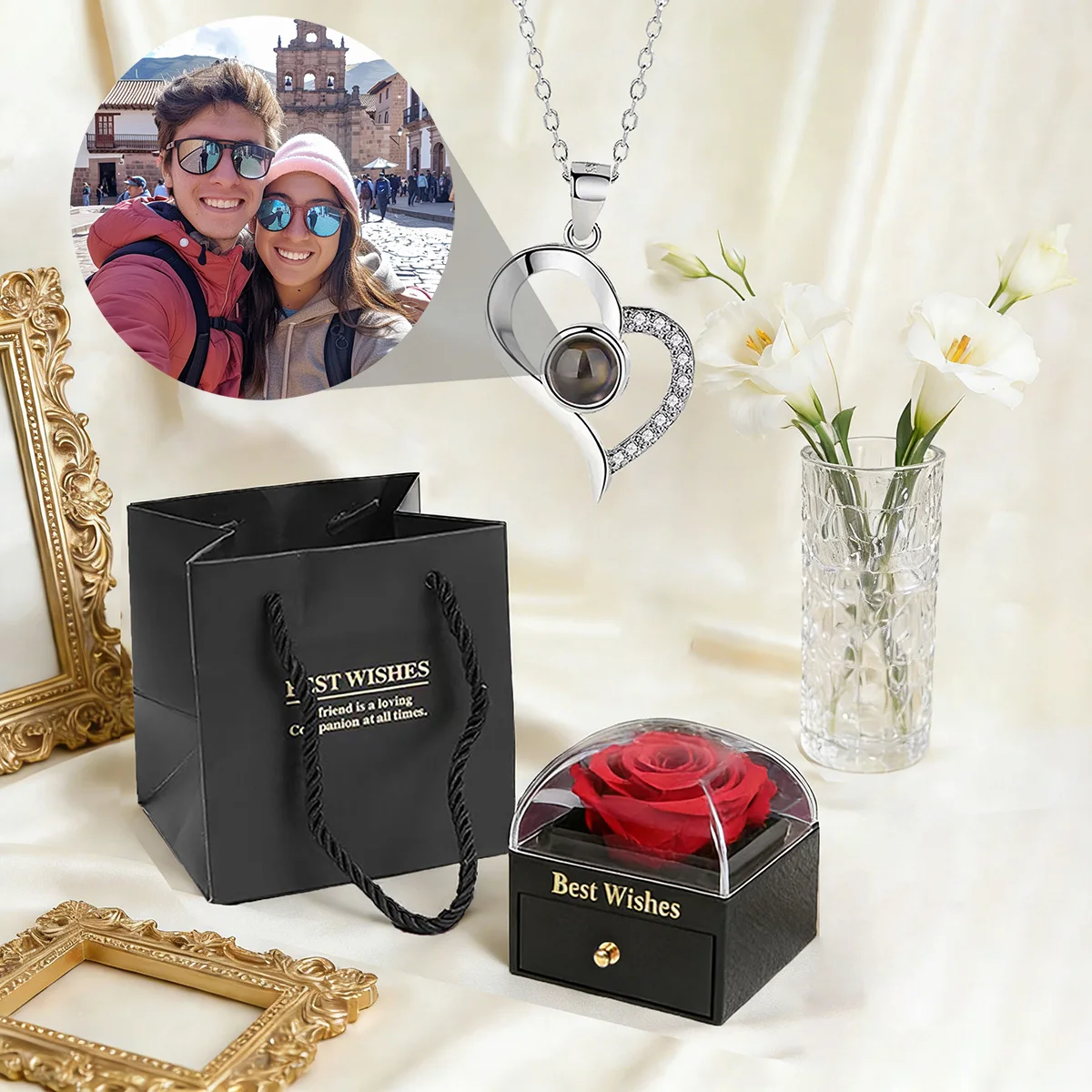 

Подвеска-проектор с фотографией на заказ в изысканной черной подарочной коробке с красной розой для женщин на День святого Валентина и День матери