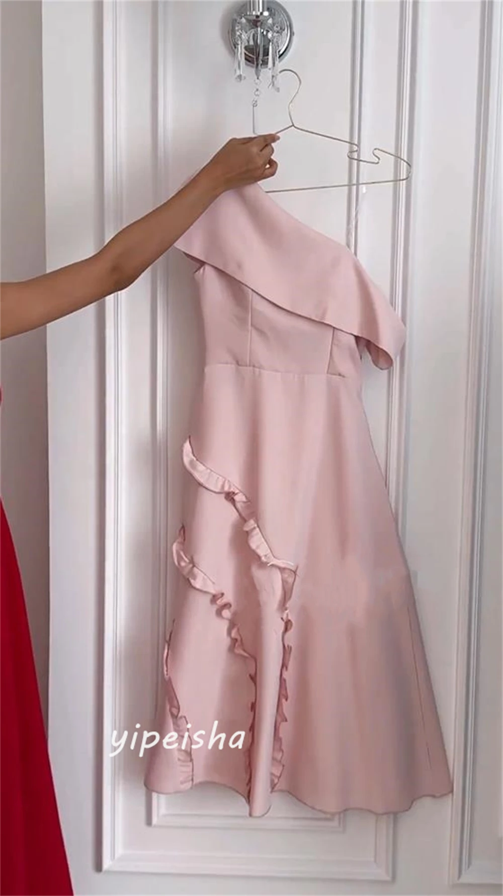 Prom Dress Saudi Arabia Satin Ruffles Valentine's Day A-line One-shoulder Bespoke Occasion Dresses Tea-Length