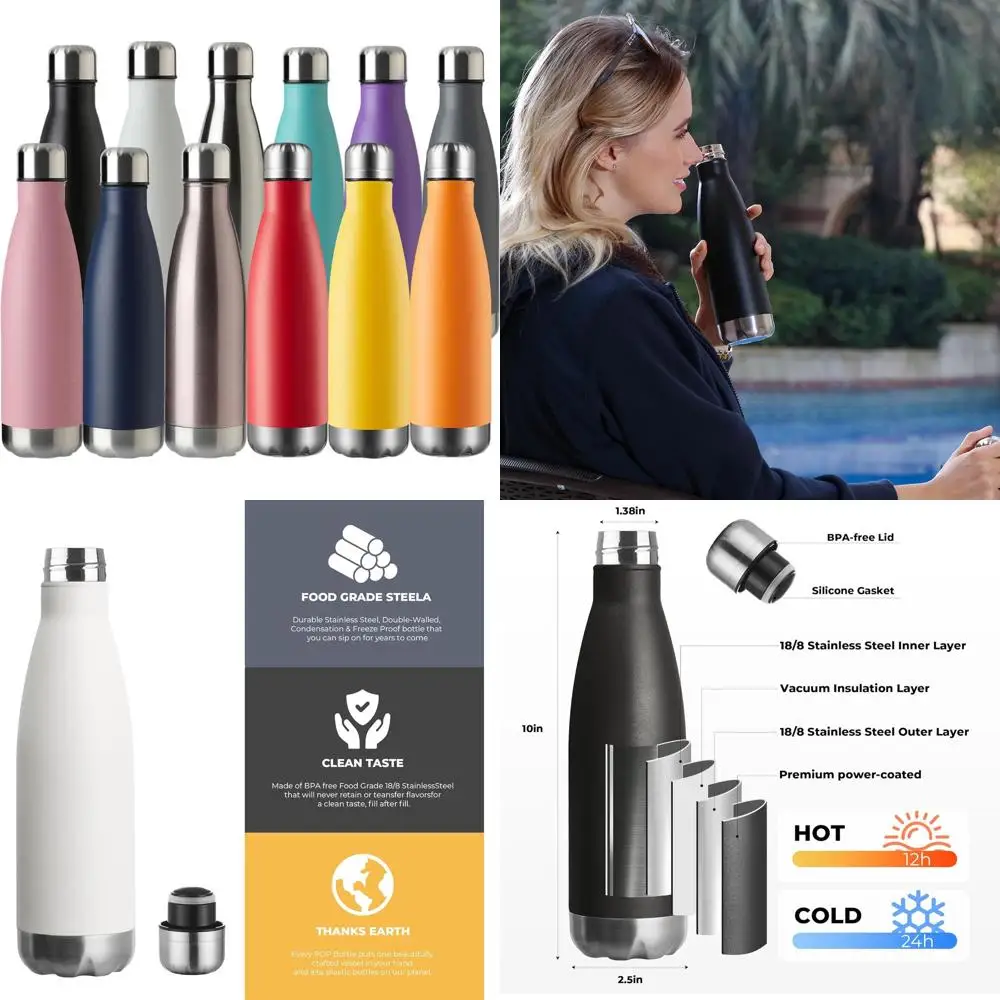 

12 упаковок спортивных бутылок для воды из нержавеющей стали с вакуумной изоляцией — герметичные, сохраняют напитки горячим или холодным, красочный дизайн