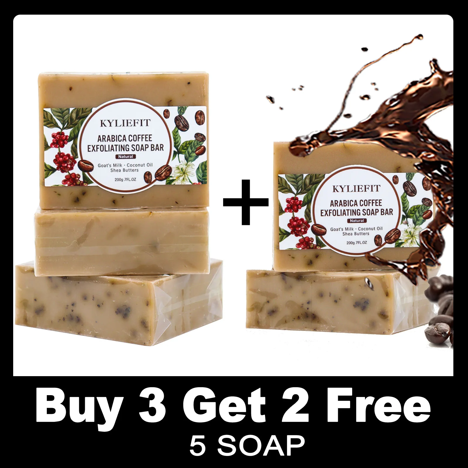 KYLIEFIT Exfoliating Coffee Brighten Soap for Hydrating Elastic Skin, Intense Exfoliation, Visibly Reduces Dark Spots