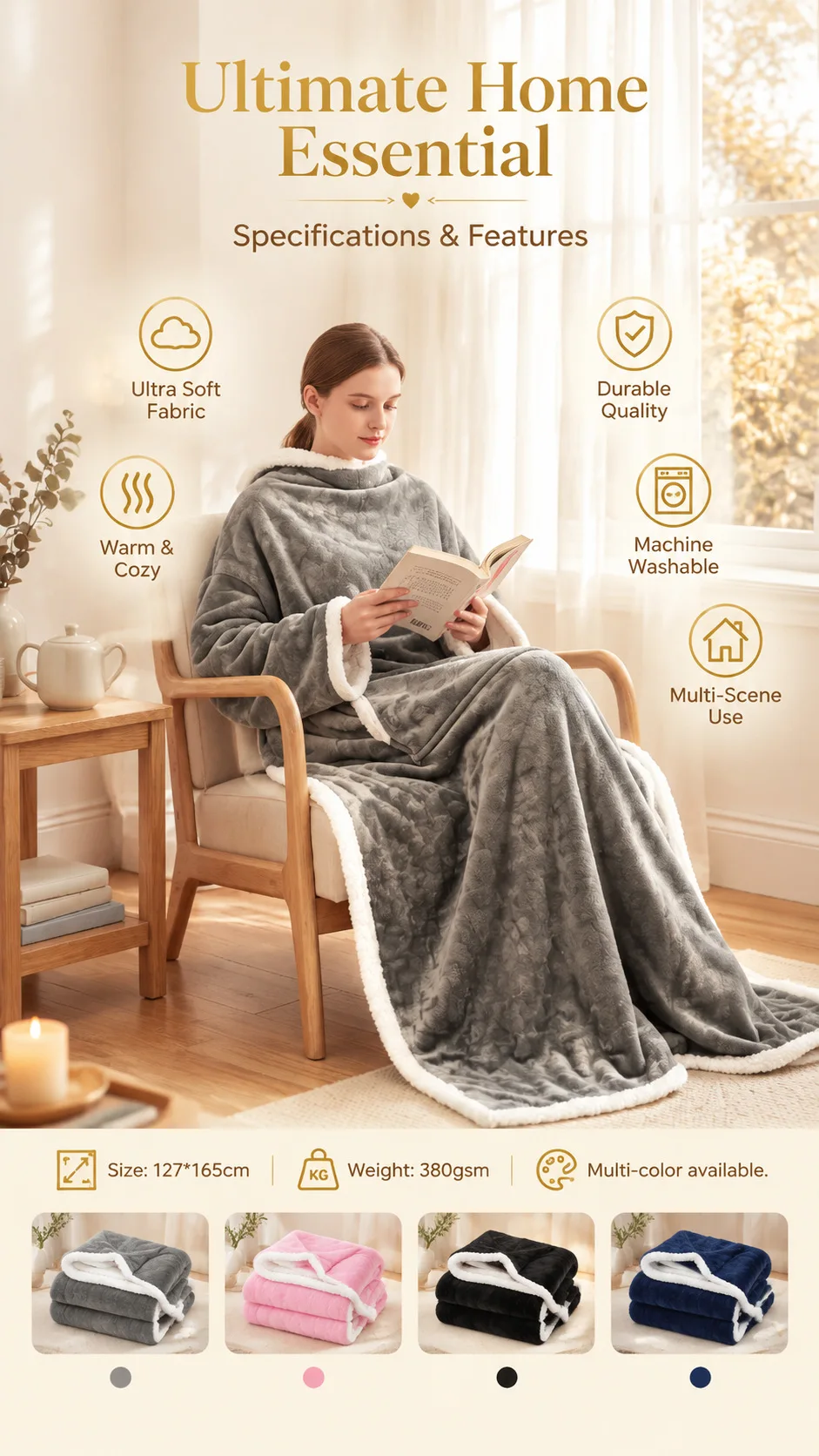 Lamb Fleece Wearable Blanket with Sleeves Couples Wearable Throw Blanket Warm Lazy Blanket for Home Sofa Watching TV