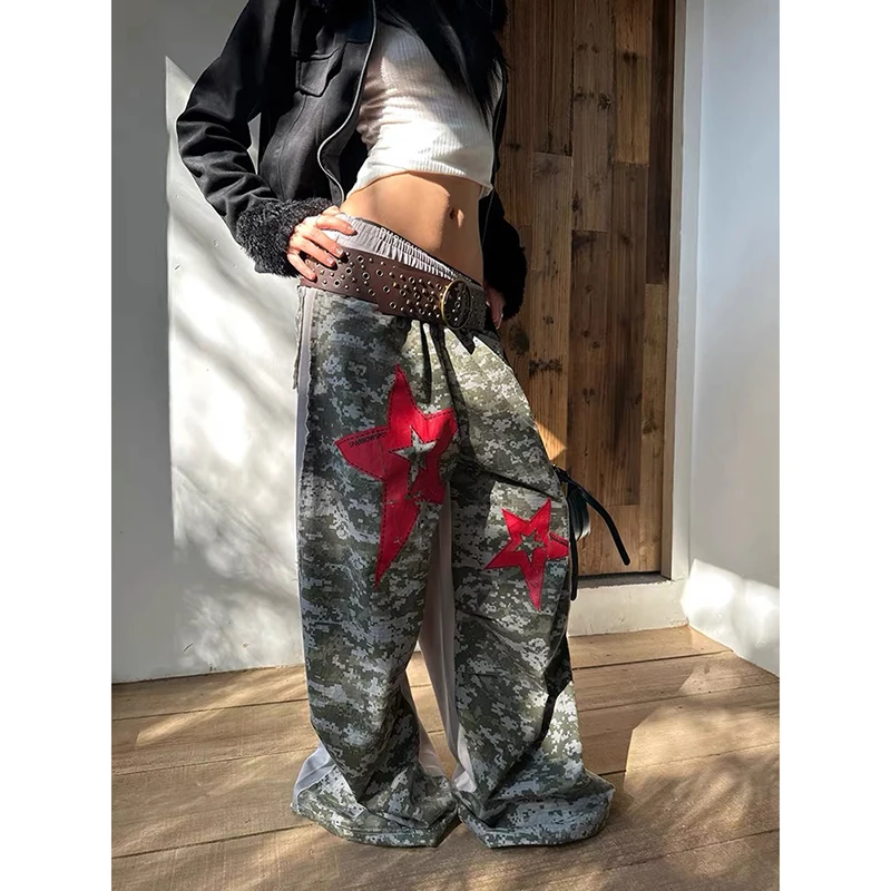 YIBASHU アメリカンレトロスターパッチワーク迷彩ワイドレッグスポーツパンツ女性の秋冬ハイストリートヒップホップワイドレッグパンツ