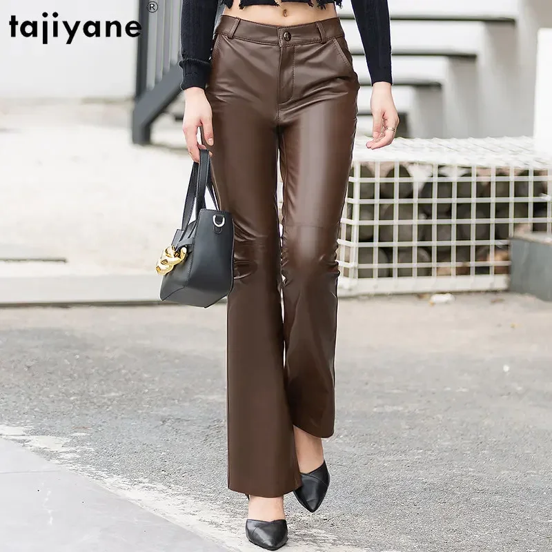 Tajiyane Elegant Genuine Leather Pants Women High Waist Pants Woman Clothes Sheepskin Trousers Full Length Flare Pants Casual