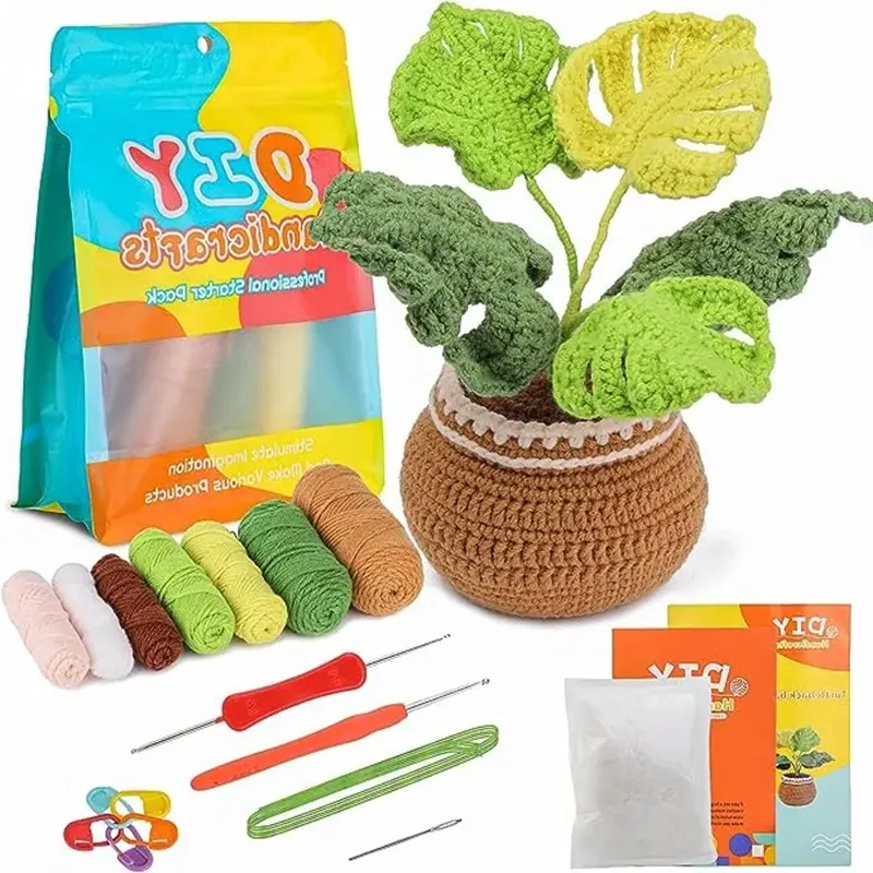 

LMDZ Monstera Leaves Shaped Crochet Material Package Non-finished Knitting Kit with Video Tutorials For DIY Beginners