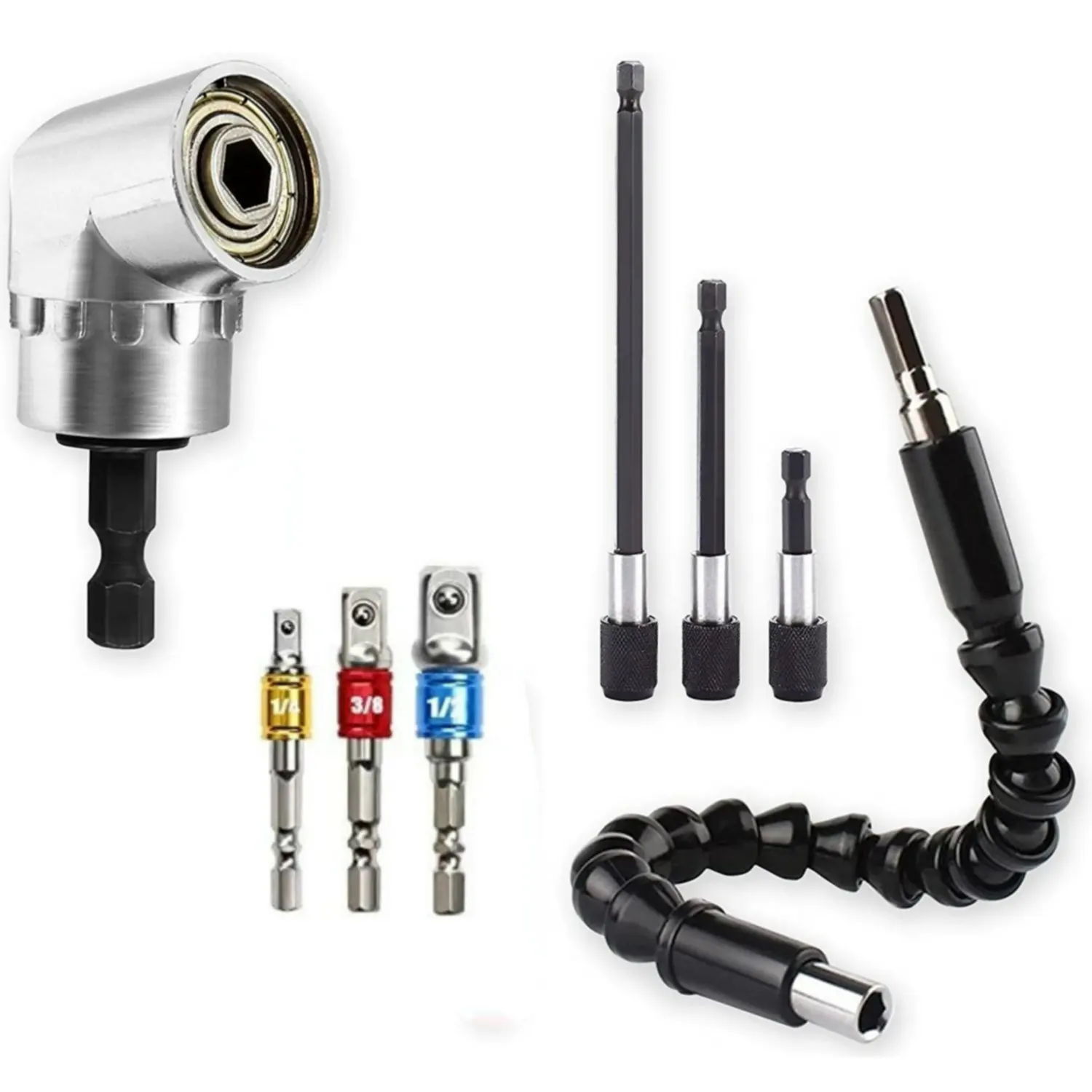 1/4 3/8 1/2" Universal Socket Adapter Set 105 Degree Right Angle Drill Adapter 3pcs Screwdriver Bit Set 3pcs Drill Bit Holder
