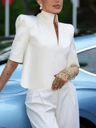 UOOZEE Women Fashion Elegant White Stand Collar Blouses Half Sleeves Solid Color Urban Casual Office Shirts Tops 2024 New